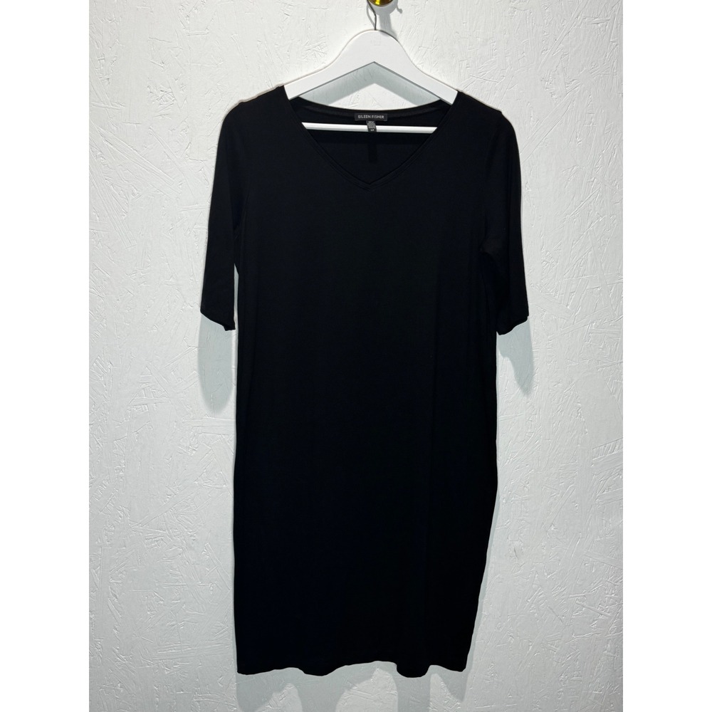 Eileen Fisher Black Tencel Lyocell V-Neck Shift Dress Elbow‎ Sleeve Small S/P